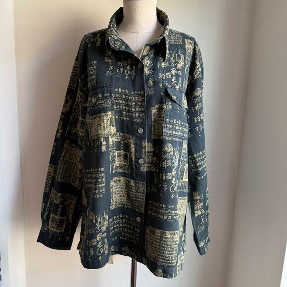 Chico’s Design Script Print Linen Blend Shirt Button Front Women’s XL 16 - Picture 2 of 10